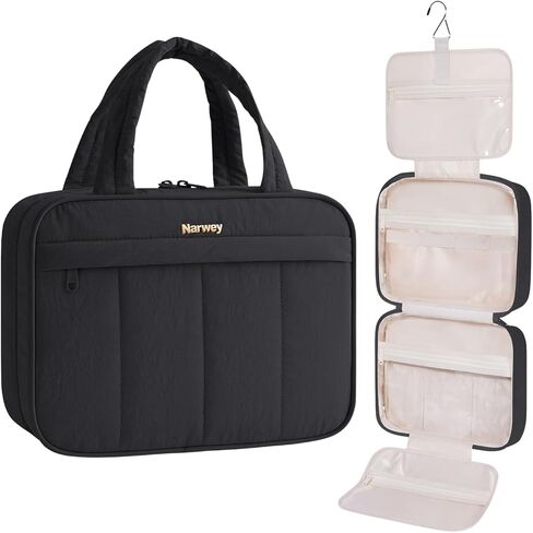 Narwey Hanging Travel Toiletry Bag for Women, Quilted Makeup Bag Organizer with Handle, Portable Toiletries Bag for Travel Essentials, Accessories, Brushes, Cosmetics (Pink) in Saudi Arabia