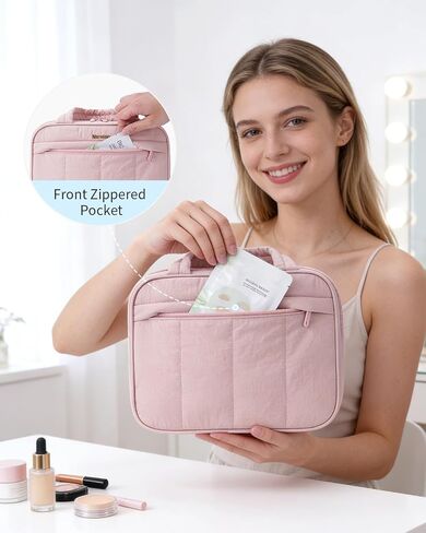 Narwey Hanging Travel Toiletry Bag for Women, Quilted Makeup Bag Organizer with Handle, Portable Toiletries Bag for Travel Essentials, Accessories, Brushes, Cosmetics (Pink) in Saudi Arabia