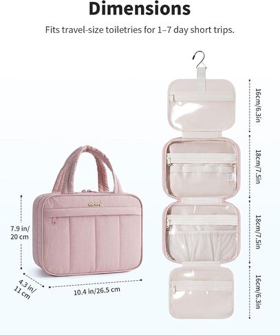 Narwey Hanging Travel Toiletry Bag for Women, Quilted Makeup Bag Organizer with Handle, Portable Toiletries Bag for Travel Essentials, Accessories, Brushes, Cosmetics (Pink) in Saudi Arabia