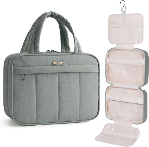 Narwey Hanging Travel Toiletry Bag for Women, Quilted Makeup Bag Organizer with Handle, Portable Toiletries Bag for Travel Essentials, Accessories, Brushes, Cosmetics (Pink) in Saudi Arabia