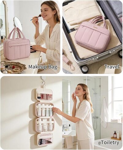 Narwey Hanging Travel Toiletry Bag for Women, Quilted Makeup Bag Organizer with Handle, Portable Toiletries Bag for Travel Essentials, Accessories, Brushes, Cosmetics (Pink) in Saudi Arabia