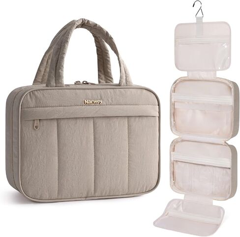 Narwey Hanging Travel Toiletry Bag for Women, Quilted Makeup Bag Organizer with Handle, Portable Toiletries Bag for Travel Essentials, Accessories, Brushes, Cosmetics (Pink) in Saudi Arabia