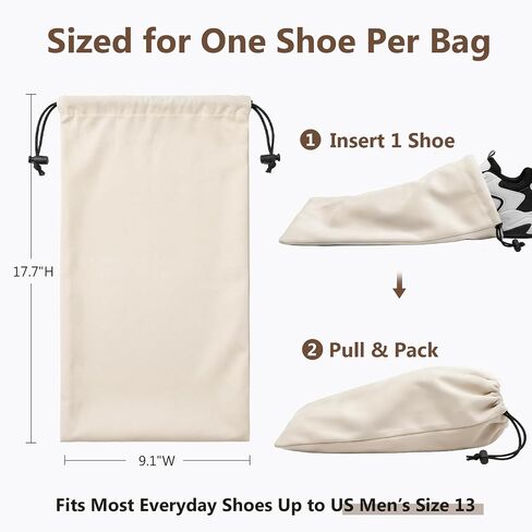 Merkfo 8-Pack Shoe Bags for Travel, One Shoe Per Bag, Fits Size 13 | Soft Drawstring Fabric Bags | 17.7 x 9.1 in | For Suitcase Packing, Gym Bags, and Closet Storage in Saudi Arabia