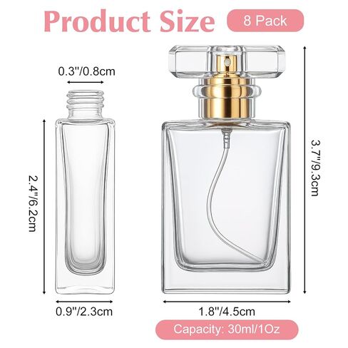 8 Pack 1 oz/30 ml Perfume Bottles Empty Refillable, Glass Perfume Spray Bottles with Gold Mist Atomizer - Premium Square Empty Travel Containers for Essential Oils, Cologne & DIY Fragrances in Saudi Arabia