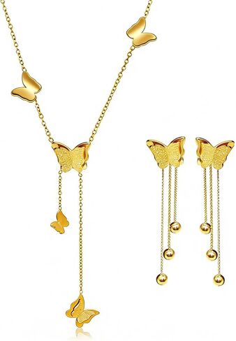 Gold Butterfly Necklace Earrings Set, Dainty 18K Gold Plated Necklace Cute Butterflies Pendant, Statement Necklaces Dangle Earrings Jewelry Set Birthday Jewelry Gifts for Women in Saudi Arabia