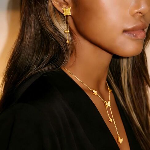 Gold Butterfly Necklace Earrings Set, Dainty 18K Gold Plated Necklace Cute Butterflies Pendant, Statement Necklaces Dangle Earrings Jewelry Set Birthday Jewelry Gifts for Women in Saudi Arabia