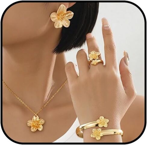 4 Pcs Hibiscus Flower Pendant Necklace Bracelet Earrings Ring for Women in Saudi Arabia
