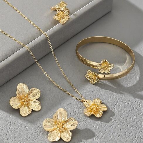 4 Pcs Hibiscus Flower Pendant Necklace Bracelet Earrings Ring for Women in Saudi Arabia