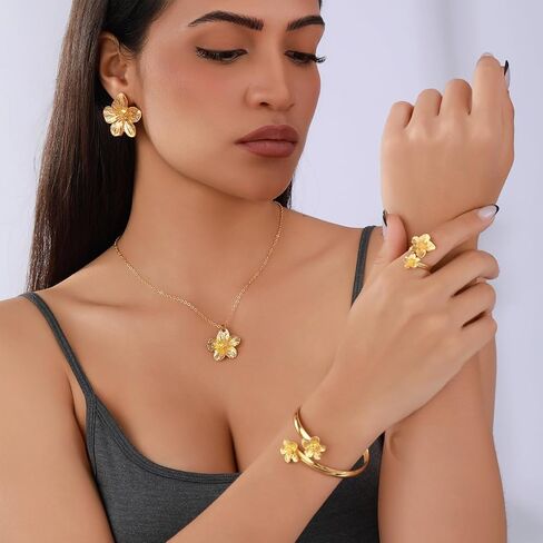4 Pcs Hibiscus Flower Pendant Necklace Bracelet Earrings Ring for Women in Saudi Arabia