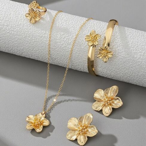4 Pcs Hibiscus Flower Pendant Necklace Bracelet Earrings Ring for Women in Saudi Arabia
