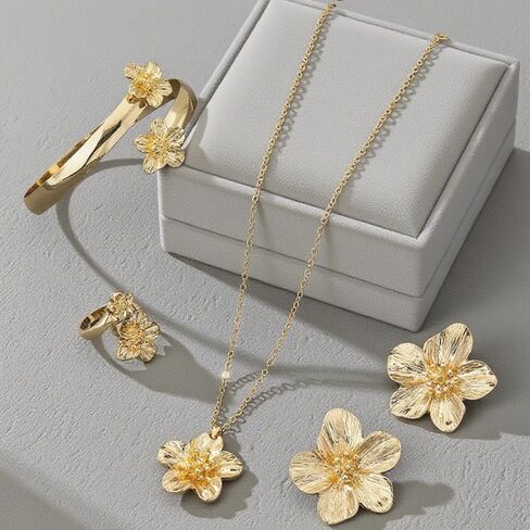 4 Pcs Hibiscus Flower Pendant Necklace Bracelet Earrings Ring for Women in Saudi Arabia