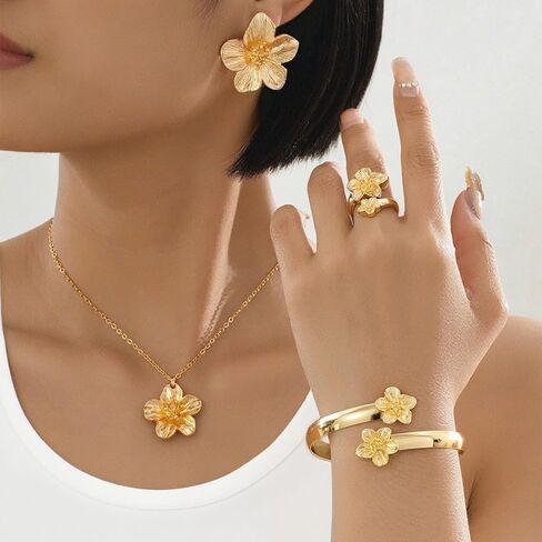 4 Pcs Hibiscus Flower Pendant Necklace Bracelet Earrings Ring for Women in Saudi Arabia