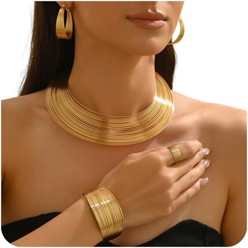 5PCS Cleopatra Jewelry Set for Women, Gold African Necklace Earrings Bracelet Ring, Bohemian Chunky Wedding Bridal Jewelry in Kuwait