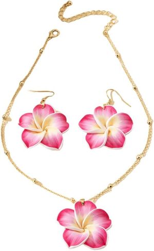 Pingyongchang Hawaiian Plumeria Polymer Clay Pendant Necklace Earrings Set Bohemian Handmade Flower Jewelry Set for Women Summer Beach Holiday Vacation Party Accessory Gift in Kuwait