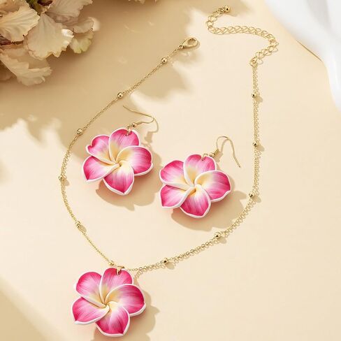 Pingyongchang Hawaiian Plumeria Polymer Clay Pendant Necklace Earrings Set Bohemian Handmade Flower Jewelry Set for Women Summer Beach Holiday Vacation Party Accessory Gift in Kuwait