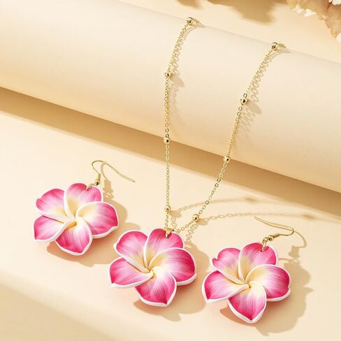 Pingyongchang Hawaiian Plumeria Polymer Clay Pendant Necklace Earrings Set Bohemian Handmade Flower Jewelry Set for Women Summer Beach Holiday Vacation Party Accessory Gift in Kuwait