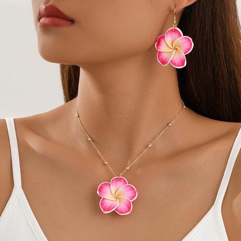 Pingyongchang Hawaiian Plumeria Polymer Clay Pendant Necklace Earrings Set Bohemian Handmade Flower Jewelry Set for Women Summer Beach Holiday Vacation Party Accessory Gift in Kuwait