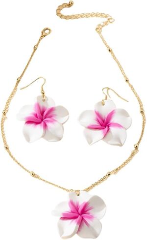 Pingyongchang Hawaiian Plumeria Polymer Clay Pendant Necklace Earrings Set Bohemian Handmade Flower Jewelry Set for Women Summer Beach Holiday Vacation Party Accessory Gift in Kuwait