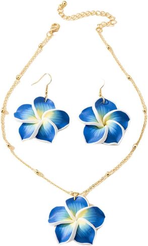 Pingyongchang Hawaiian Plumeria Polymer Clay Pendant Necklace Earrings Set Bohemian Handmade Flower Jewelry Set for Women Summer Beach Holiday Vacation Party Accessory Gift in Kuwait