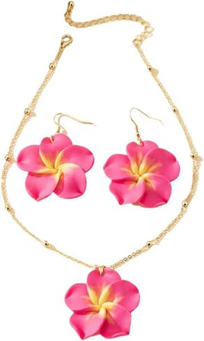 Pingyongchang Hawaiian Plumeria Polymer Clay Pendant Necklace Earrings Set Bohemian Handmade Flower Jewelry Set for Women Summer Beach Holiday Vacation Party Accessory Gift in Kuwait