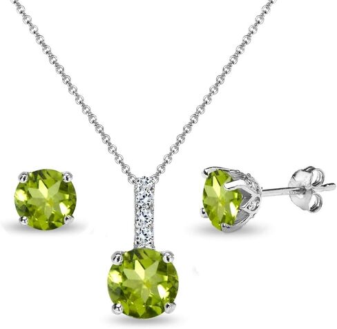B. BRILLIANT Sterling Silver Genuine, Created or Simulated Gemstone & White Topaz Round Crown Necklace & Stud Earrings Jewelry Set for Women in Kuwait