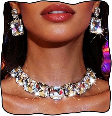 Yonamix Silver Jewelry Set Prom Statement Necklace Sets for Women | Fashion Chunky Crystal Rhinestone Diamond Choker Necklace Earrings in Saudi Arabia