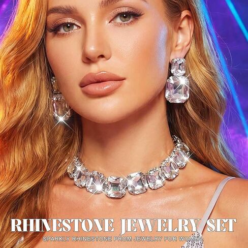 Yonamix Silver Jewelry Set Prom Statement Necklace Sets for Women | Fashion Chunky Crystal Rhinestone Diamond Choker Necklace Earrings in Saudi Arabia