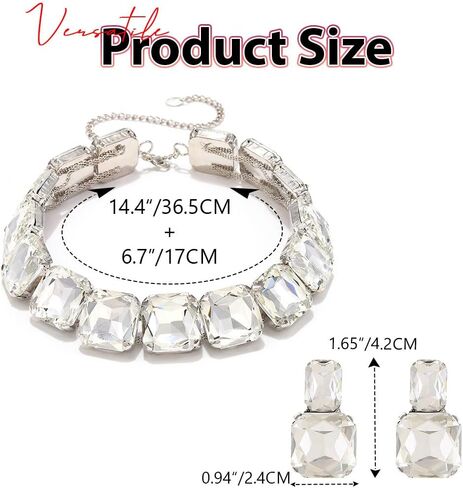 Yonamix Silver Jewelry Set Prom Statement Necklace Sets for Women | Fashion Chunky Crystal Rhinestone Diamond Choker Necklace Earrings in Saudi Arabia