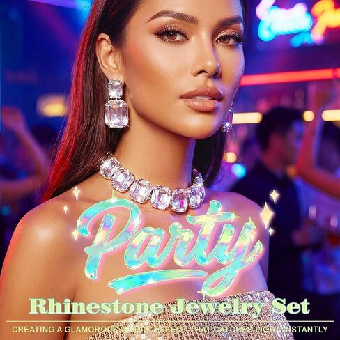 Yonamix Silver Jewelry Set Prom Statement Necklace Sets for Women | Fashion Chunky Crystal Rhinestone Diamond Choker Necklace Earrings in Saudi Arabia
