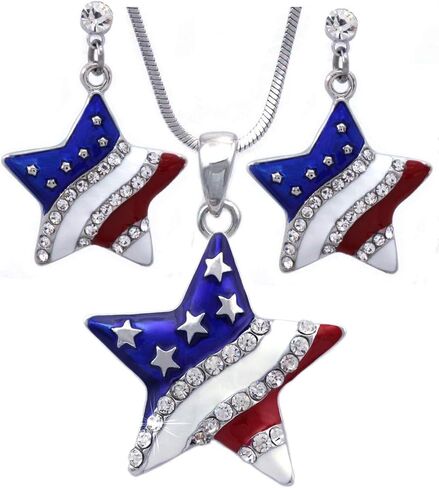 4th of July USA American Flag Star Pendant Necklace Dot Dangle Earrings Set in Saudi Arabia