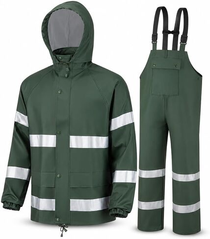 Men's Hi Vis Rain Suit, PU Waterproof Reflective Safety Jacket&Bib Pants Set, Heavy Duty Black Bottom Foul Weather Gear in Saudi Arabia