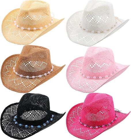 6 Piece Straw Cowboy Hats for Women Men Cowboy Hat Bundle Shapeable Brim Western Style Multicolor for Party Beach Outings Outdoor Garden Activities Party Western Themed Events in Saudi Arabia