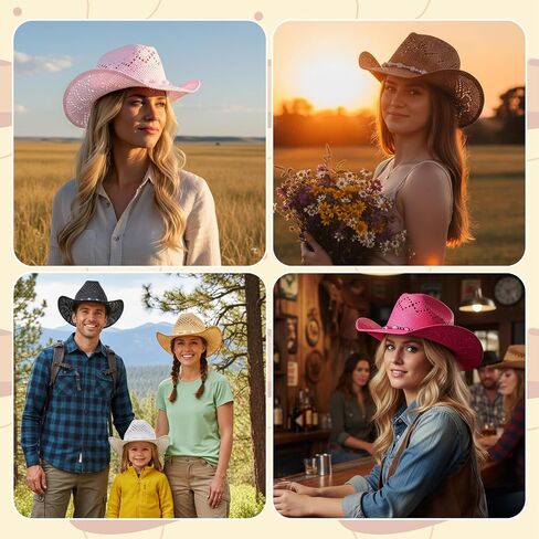 6 Piece Straw Cowboy Hats for Women Men Cowboy Hat Bundle Shapeable Brim Western Style Multicolor for Party Beach Outings Outdoor Garden Activities Party Western Themed Events in Saudi Arabia