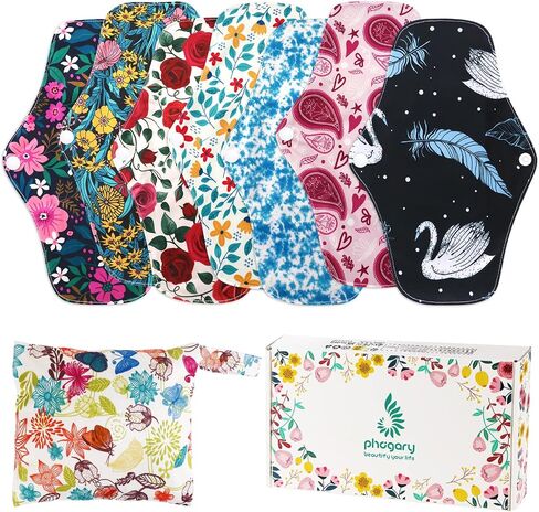 PHOGARY Reusable Menstrual Pads, Bamboo Cloth Pads for Heavy Flow with Wet Bag, Large Sanitary Pad Set with Wings for Women, Washable Overnight Cloth Panty Liners Period Pad (7 in 1, 25.4cm 4 Layers) in Kuwait