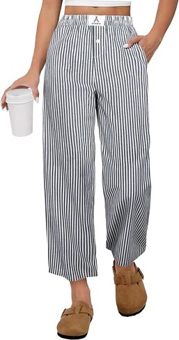 ANRABESS Womens Gingham Striped Pants, Palazzo & Cropped, Comfy & Cute, Lounge Pajama Plaid PJ Bottoms With Pockets in Kuwait