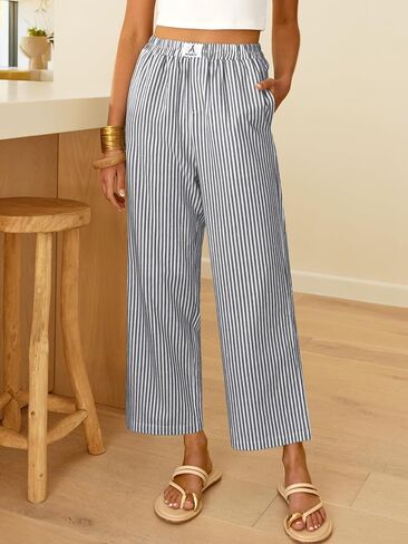 ANRABESS Womens Gingham Striped Pants, Palazzo & Cropped, Comfy & Cute, Lounge Pajama Plaid PJ Bottoms With Pockets in Kuwait
