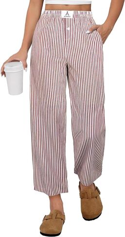 ANRABESS Womens Gingham Striped Pants, Palazzo & Cropped, Comfy & Cute, Lounge Pajama Plaid PJ Bottoms With Pockets in Kuwait