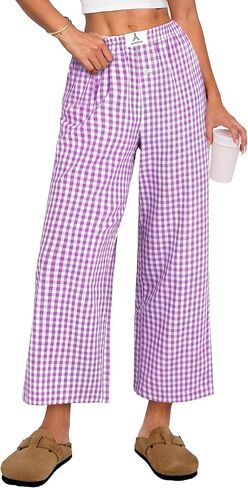 ANRABESS Womens Gingham Striped Pants, Palazzo & Cropped, Comfy & Cute, Lounge Pajama Plaid PJ Bottoms With Pockets in Kuwait