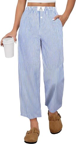 ANRABESS Womens Gingham Striped Pants, Palazzo & Cropped, Comfy & Cute, Lounge Pajama Plaid PJ Bottoms With Pockets in Kuwait