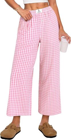 ANRABESS Womens Gingham Striped Pants, Palazzo & Cropped, Comfy & Cute, Lounge Pajama Plaid PJ Bottoms With Pockets in Kuwait