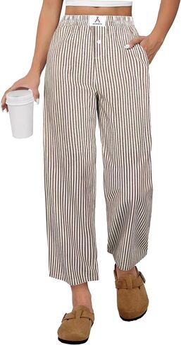 ANRABESS Womens Gingham Striped Pants, Palazzo & Cropped, Comfy & Cute, Lounge Pajama Plaid PJ Bottoms With Pockets in Kuwait