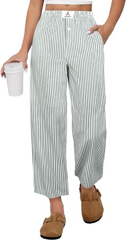 ANRABESS Womens Gingham Striped Pants, Palazzo & Cropped, Comfy & Cute, Lounge Pajama Plaid PJ Bottoms With Pockets in Kuwait