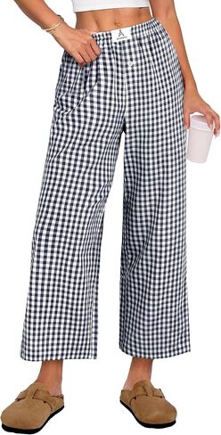 ANRABESS Womens Gingham Striped Pants, Palazzo & Cropped, Comfy & Cute, Lounge Pajama Plaid PJ Bottoms With Pockets in Kuwait