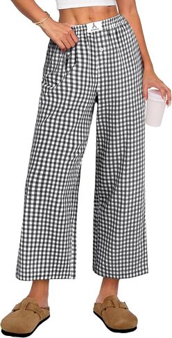 ANRABESS Womens Gingham Striped Pants, Palazzo & Cropped, Comfy & Cute, Lounge Pajama Plaid PJ Bottoms With Pockets in Kuwait