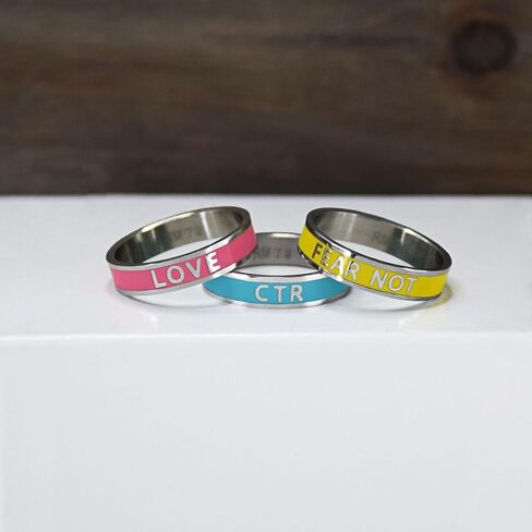 Ringmasters Enamel CTR Stainless Steel Ring 3 Pack in pink, yellow, and teal | Keepsake LDS Jewelry in Kuwait
