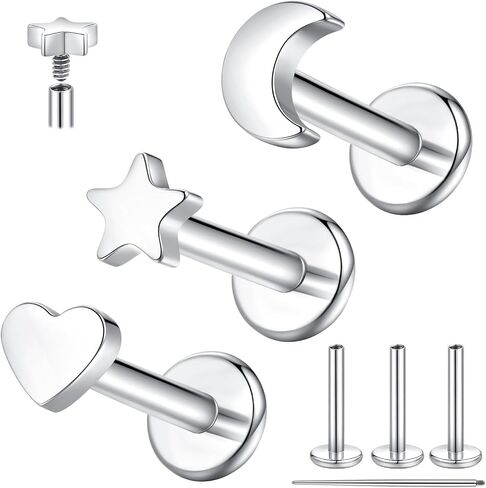 3PCS G23 Titanium Star Moon Heart Flat Back Cartilage Stud Earrings Set - 16G 6mm/8mm Internally Threaded Tragus Conch Helix Labret Lip Piercing Jewelry - Hypoallergenic for Women in Saudi Arabia