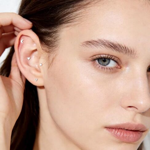 3PCS G23 Titanium Star Moon Heart Flat Back Cartilage Stud Earrings Set - 16G 6mm/8mm Internally Threaded Tragus Conch Helix Labret Lip Piercing Jewelry - Hypoallergenic for Women in Saudi Arabia