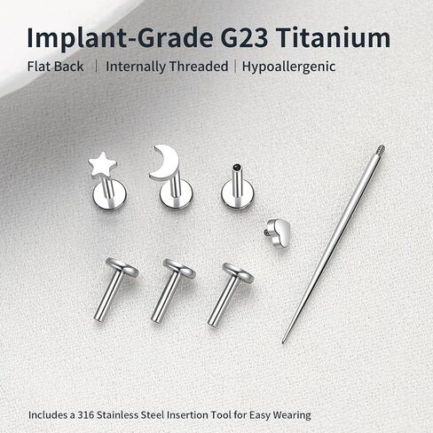 3PCS G23 Titanium Star Moon Heart Flat Back Cartilage Stud Earrings Set - 16G 6mm/8mm Internally Threaded Tragus Conch Helix Labret Lip Piercing Jewelry - Hypoallergenic for Women in Saudi Arabia