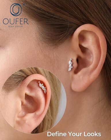 OUFER Titanium Helix Piercing Jewelry-18G Flat Back Push Pin Gold Forward Helix Earrings, Shiny Emerald CZ Labret Lip Cartilage Lobe Rook Tragus Piercing Jewelry in Kuwait