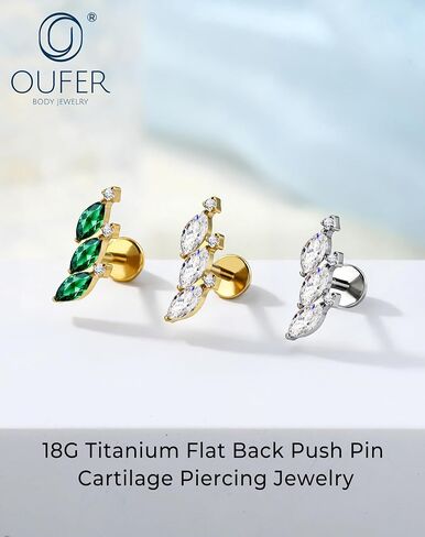 OUFER Titanium Helix Piercing Jewelry-18G Flat Back Push Pin Gold Forward Helix Earrings, Shiny Emerald CZ Labret Lip Cartilage Lobe Rook Tragus Piercing Jewelry in Kuwait
